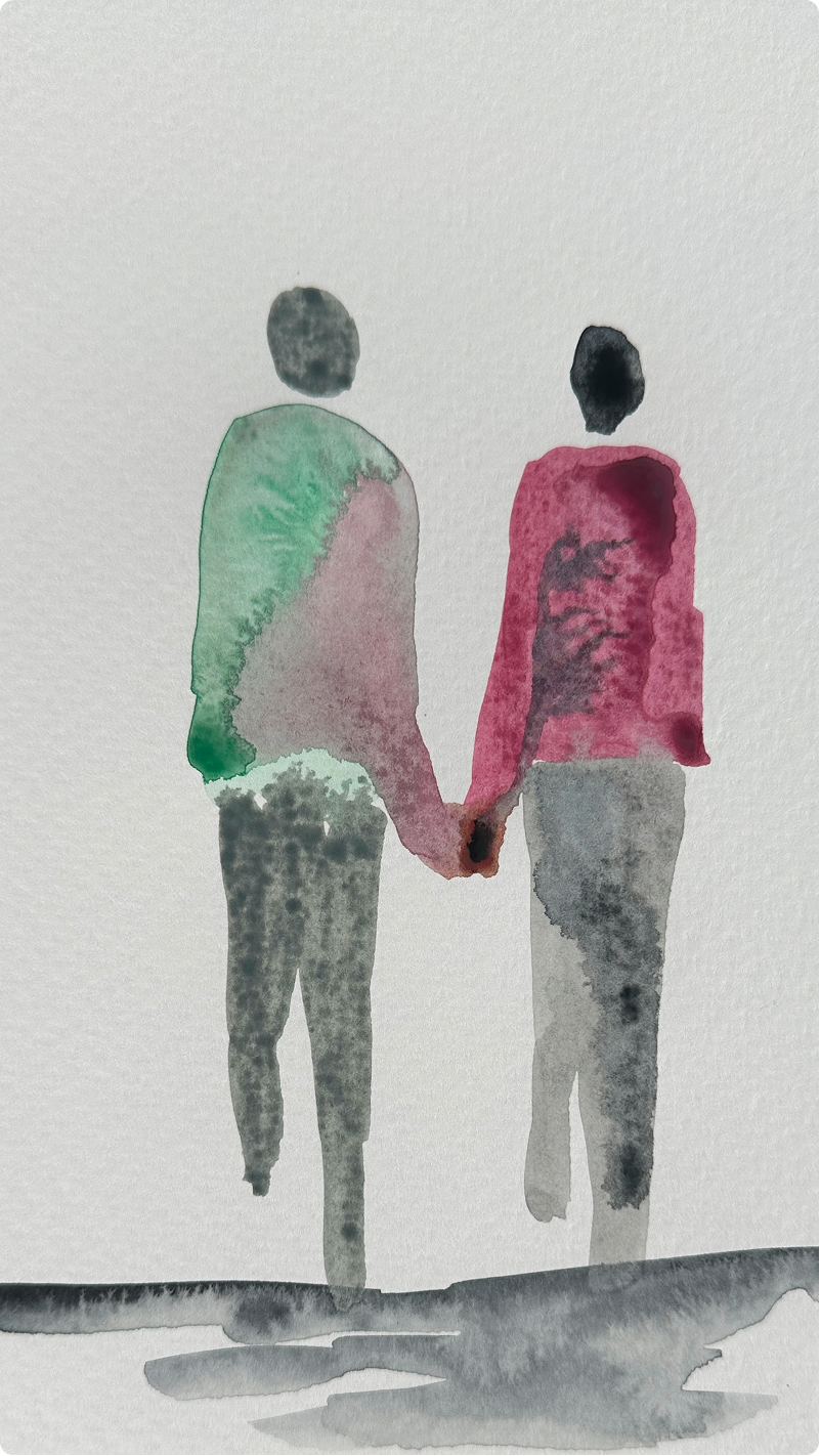 kresba dvou postav držících se zaruce